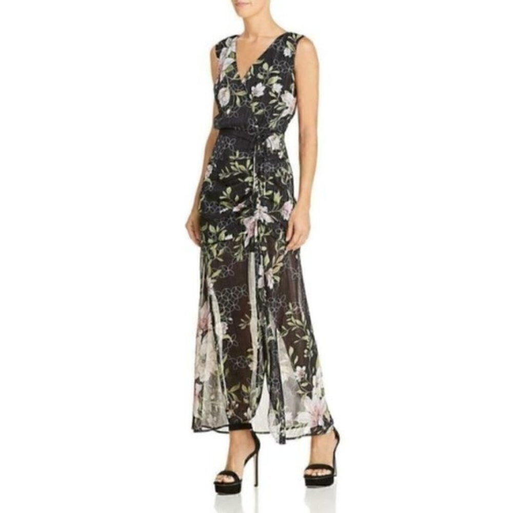 Guess Maxi Dress XS NWT Nadira Metallic Floral Sheer Black Cocktail Party Travel
